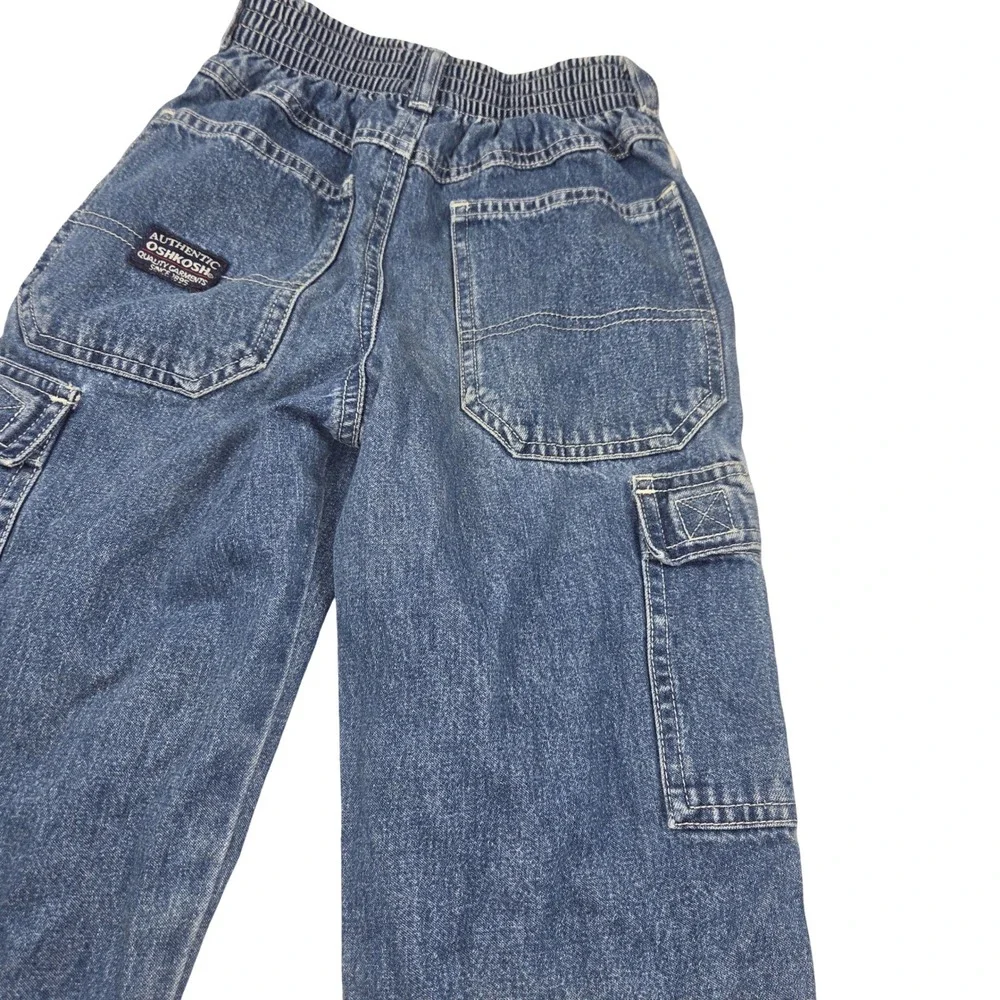 Vintage OshKosh Bgosh Boys Blue Denim Cargo Jeans Size 6 90s Side Stripe Pockets